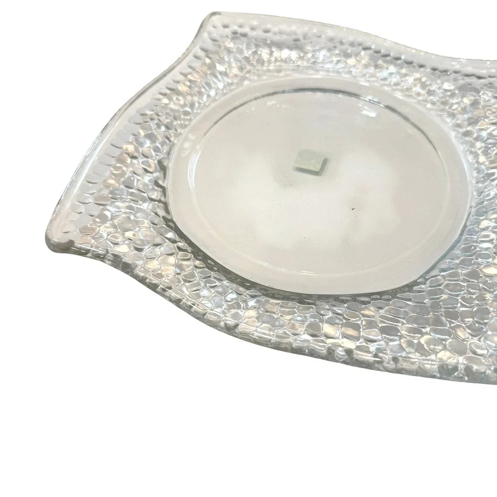 PartyLite Clear Textured Glass 3-Wick‎ Candle Holder Plate Wave Edge Table Decor